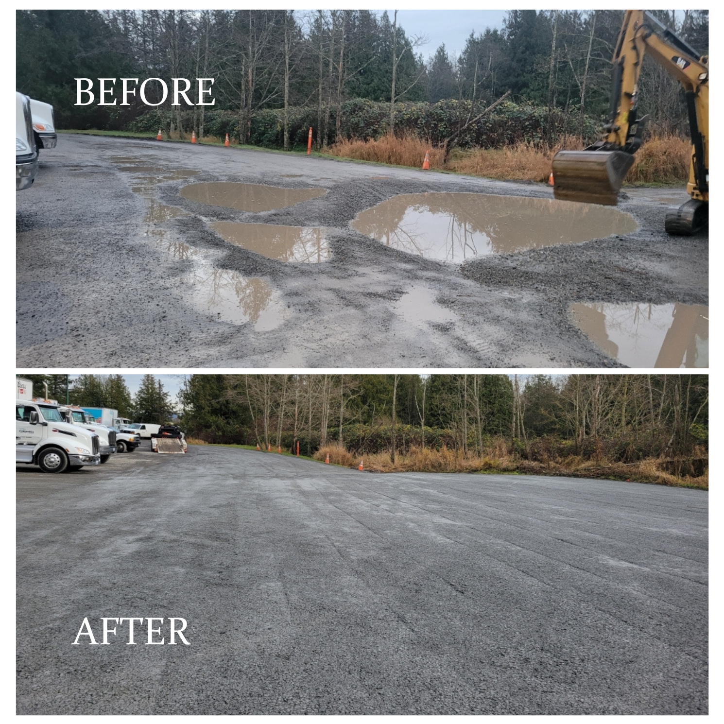 Columbia Distributing before and after Renovated gravel parking lot, Ferndale, WA.
